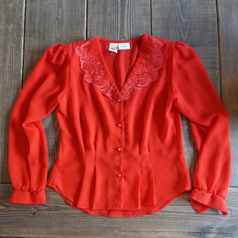 Vintage 80s Blouse Small Red Sheer Lace Collar Button Up Retro Romantic Coquette